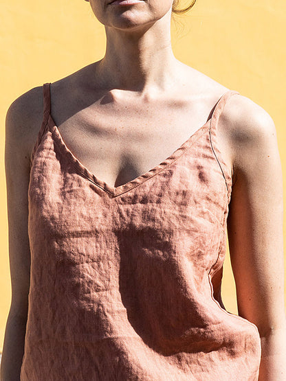 Vintage Ramie Cotton Spaghetti-Neck V-Neck Mini Dress