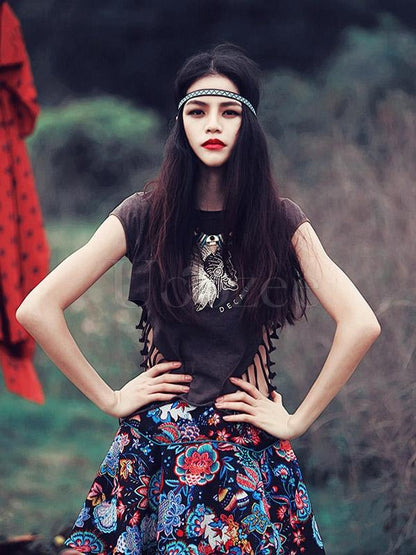 Retro Floral Printed Hollow T-shirt