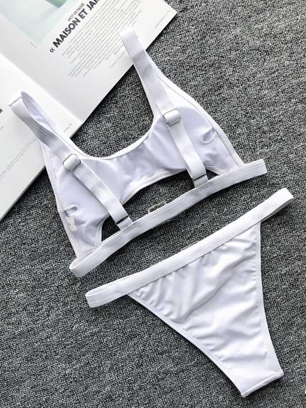 Solid Color Bandage Split Bikini Swimsuit