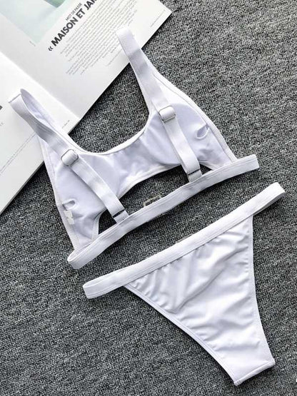 Solid Color Bandage Split Bikini Swimsuit