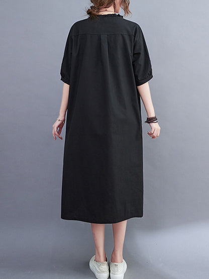 Simple Casual Artistic Retro Loose Solid Color Falbala Ramie Cotton Midi Dress