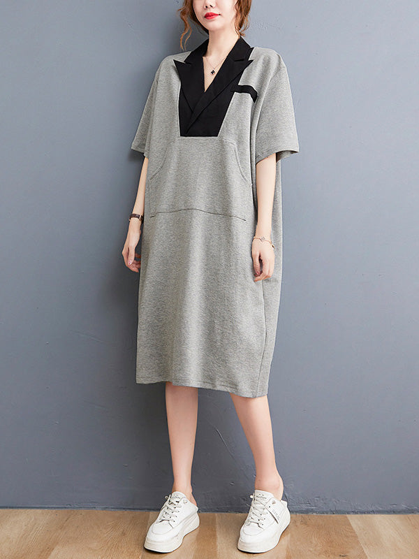 Urban Notched Collar Split-Joint Midi Dress