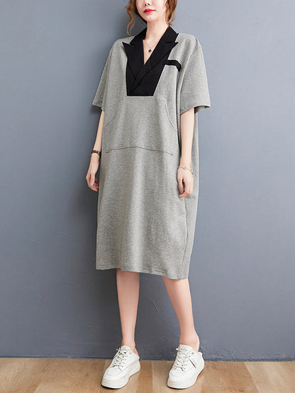Urban Notched Collar Split-Joint Midi Dress