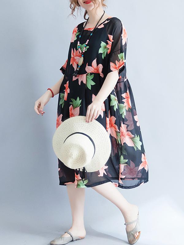 Literary Flower Chiffon Long Dress
