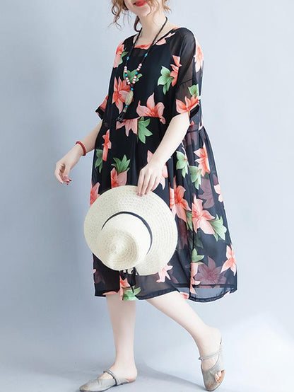 Literary Flower Chiffon Long Dress