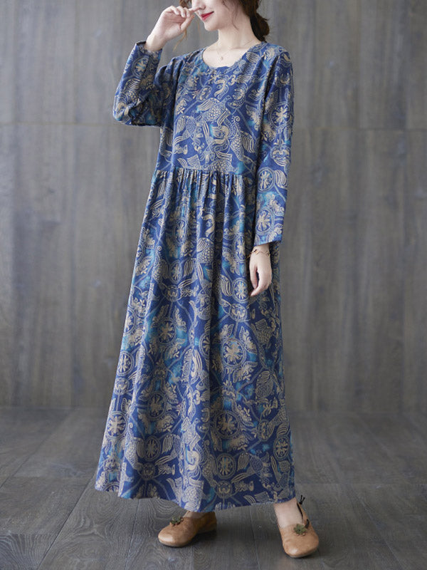 Vintage Ramie Cotton Floral Printed Round-Neck Long Sleeves Maxi Dress
