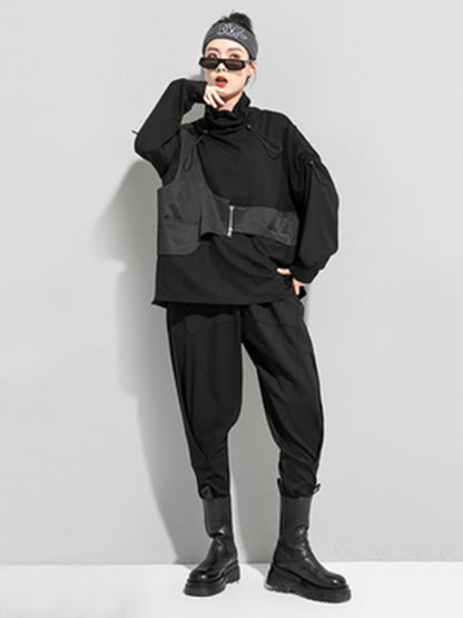 Autumn Loose Drawstring High-Neck False Two T-Shirt