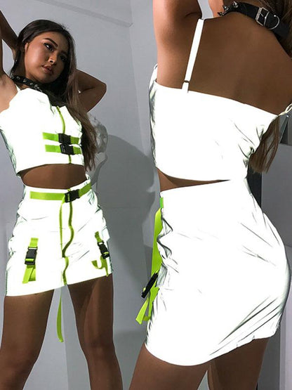 Spaghetti-neck Buckle Zipper Tanks And Skirts Suits