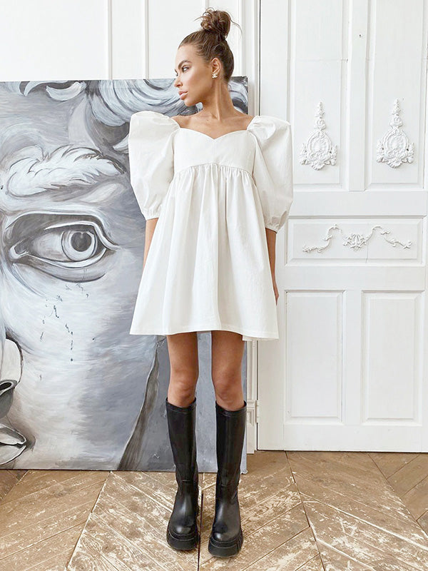 Stylish Split-Joint Pleated Puff Sleeves A-Line Mini Dress
