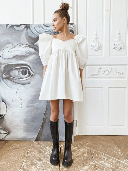 Stylish Split-Joint Pleated Puff Sleeves A-Line Mini Dress