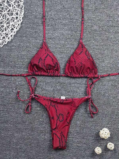 Snake-Print Triangle Bandage Split Bikini Swimsuit