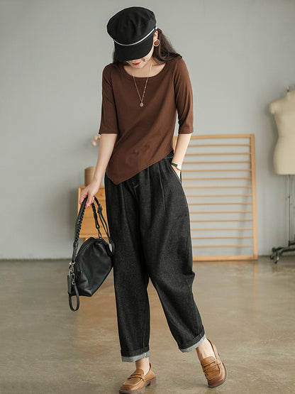 Simple Asymmetric Irregular Clipping Round-Neck Short Sleeves T-Shirt