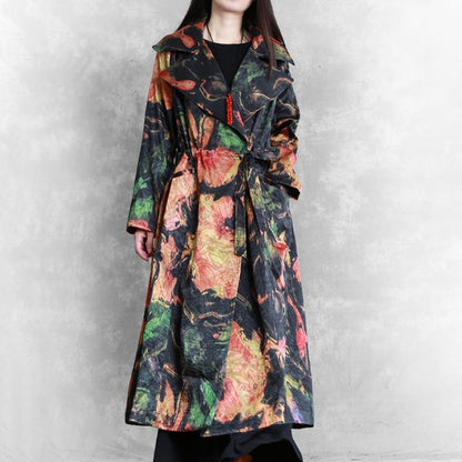 Buykud Fashion Printed Lacing Casual Loose Trench Coat