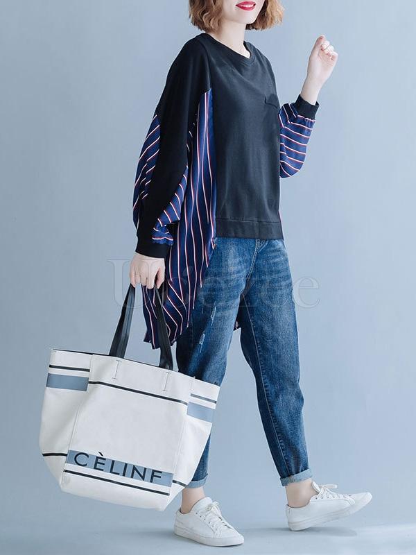 Loose Striped False-two Batwing Sweatshirt