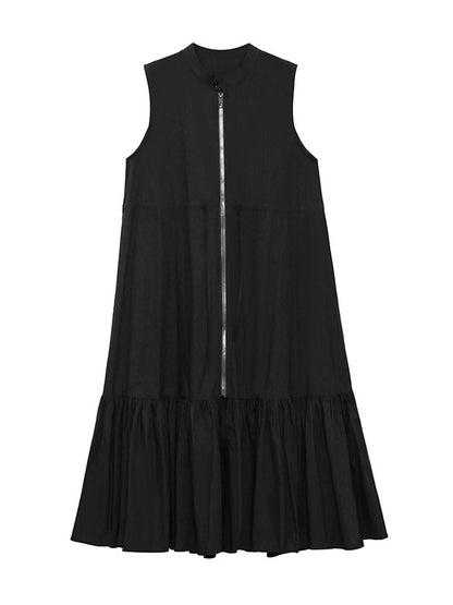 Simple Zipper Pleated Stand Collar A-Line Sleeveless Midi Dress