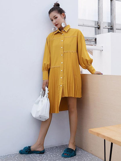 Loose Ruffled Solid Asymmetric Shirt Dress
