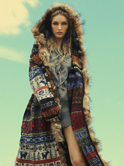 Printed Artificial Fur Hooded Outwears