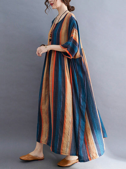 Colorful Stripe Split-Joint Round-Neck Long Dress