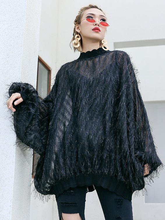 Fuzzy Tasseled See-through Batwing Sleeves Shirt Top
