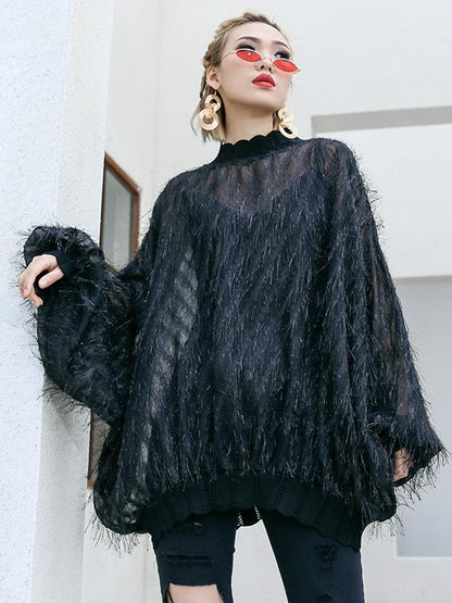 Fuzzy Tasseled See-through Batwing Sleeves Shirt Top