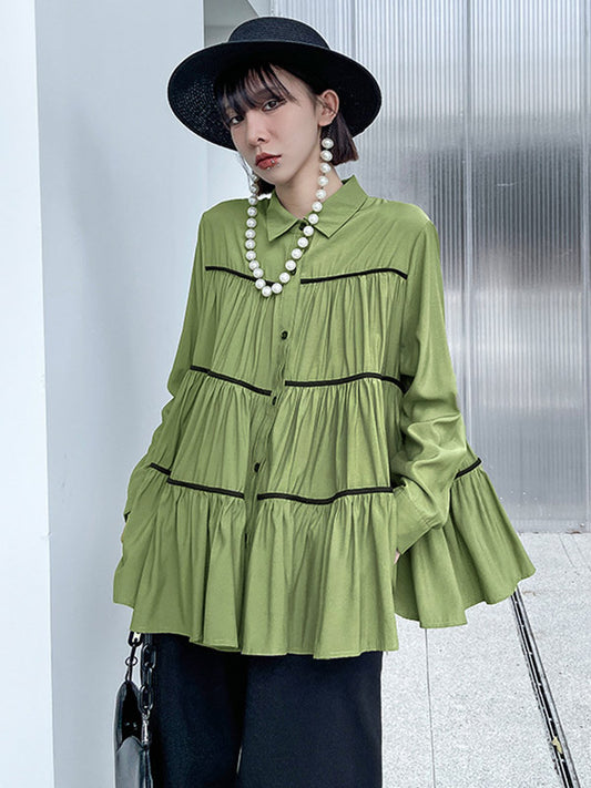 Original Buttoned Pleated Lapel Long Sleeves Blouse Tops