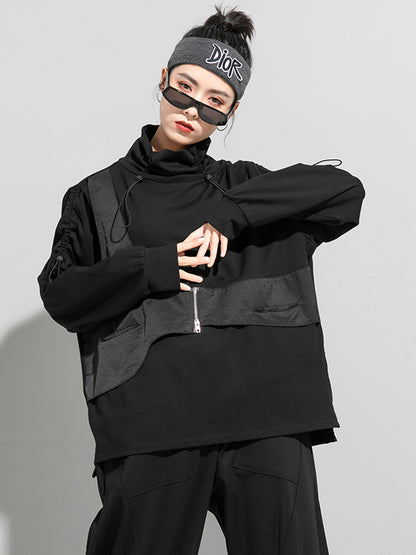 Autumn Loose Drawstring High-Neck False Two T-Shirt