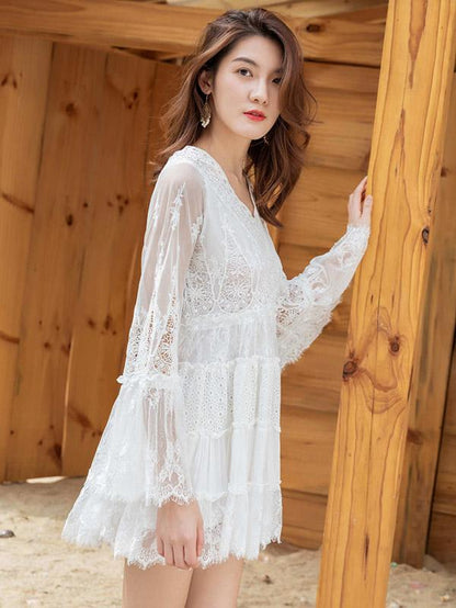 High Waist Loose Vacation Lace Mini Dress