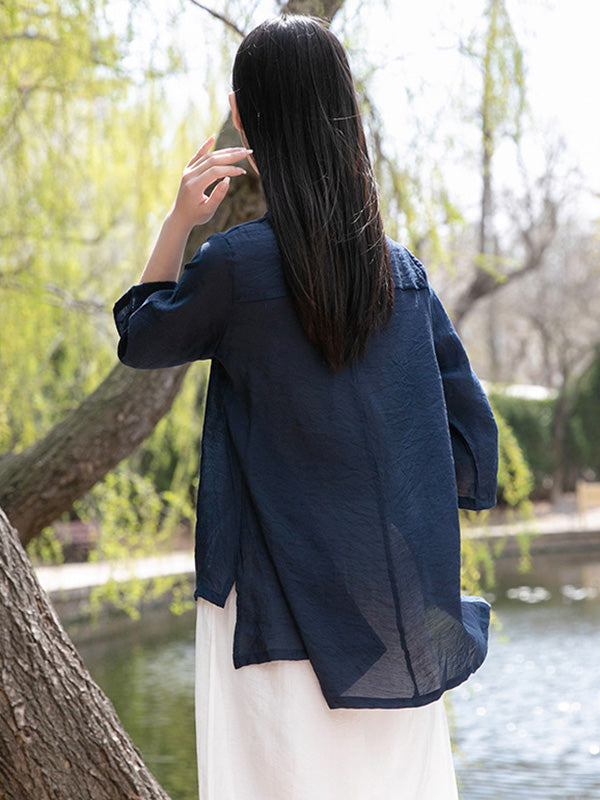 Vintage Tencel Buttoned Stand Collar High-Low Half Sleeves T-Shirt