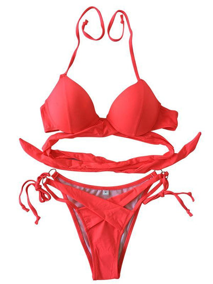 Halter-neck Bandage Plain Bikinis Swimwear