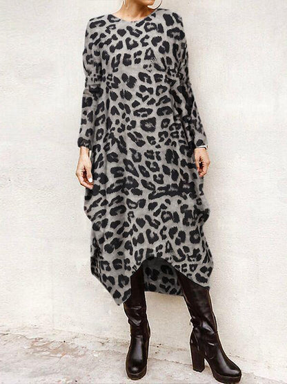 Loose Leopard Long-Sleeves High-Low Long Dress