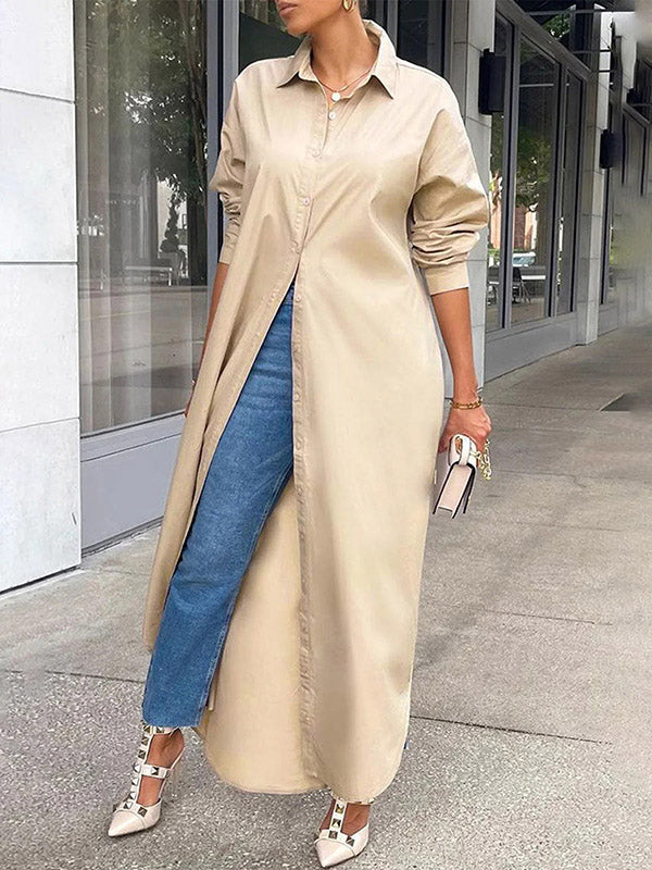 Simple Loose Solid Color Long Sleeves Maxi Dress Shirt Dress