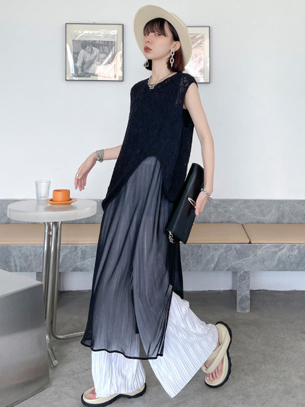 Stylish Asymmetric Hollow Split-Joint See-Through Round-Neck Vest