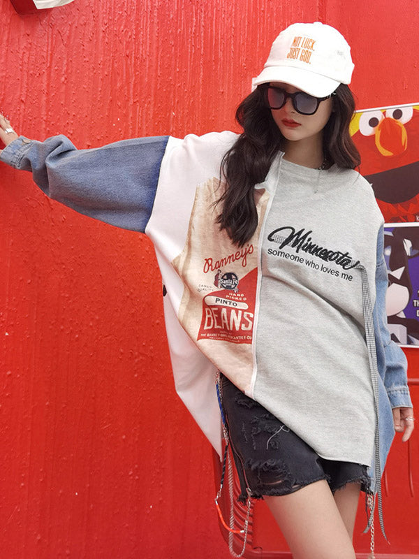 Stylish Contrast Color Letter Printed Round-Neck Batwing Sleeve Sweatshirts