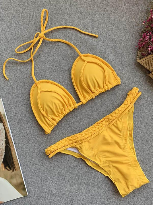 Solid Color Woven Rope Bikini Swimsuit