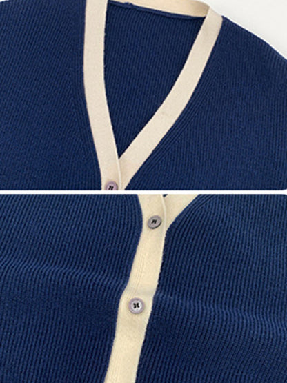Causal Contrast Color Buttoned V-Neck Long Sleeves Cardigan Outwear