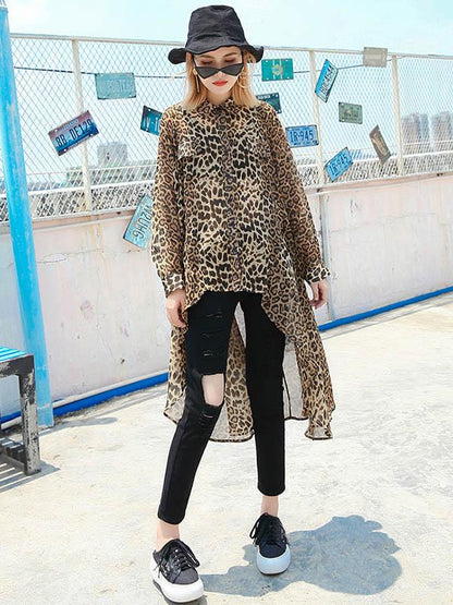 Leopard Chiffon Loose High-low Light Shirt Top