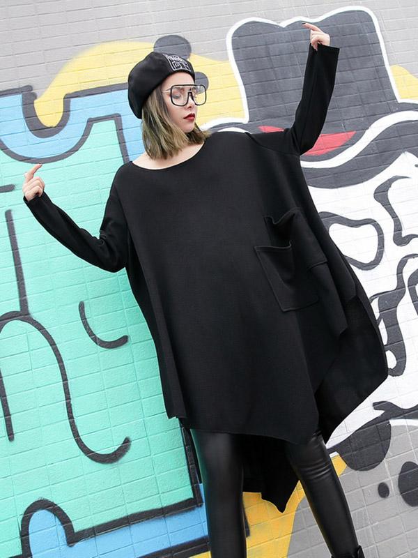 Loose Black Round-neck Asymmetric T-shirt Dress