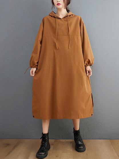 Casual Split-Side Solid Color Hooded Drawstring Long Sleeves Midi Dress