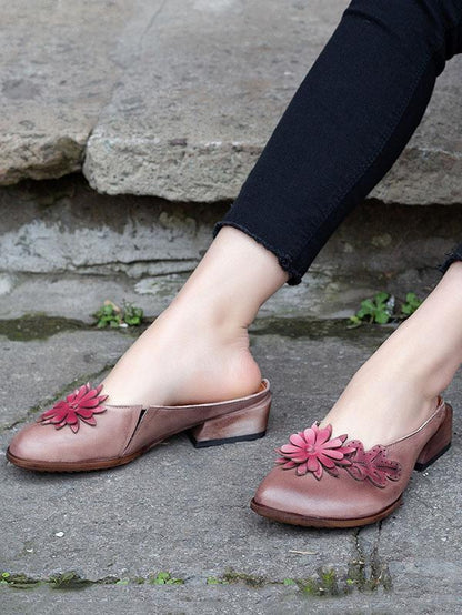 Genuine Leather Flower Decorated Round Toe Mules&Slides