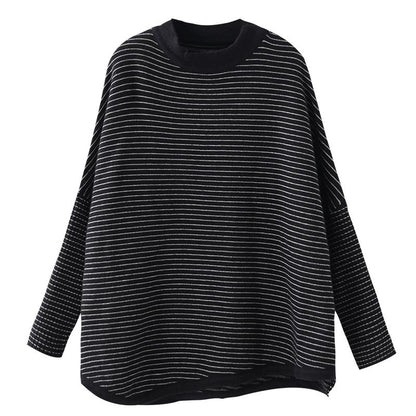 Buykud Loose Literary Half-high Collar Striped Knitted Shirt