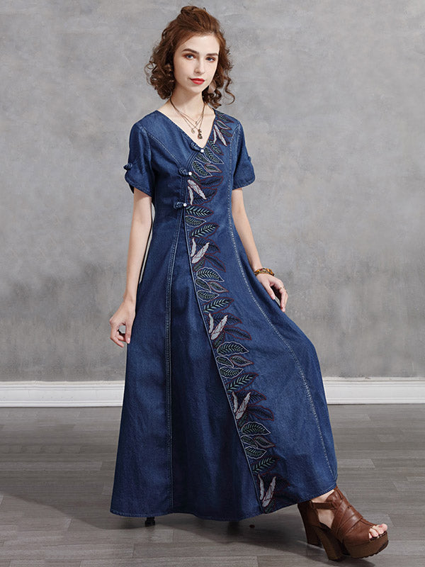 Original Asymmetric Embroidered Loose Short Sleeves Midi Dress