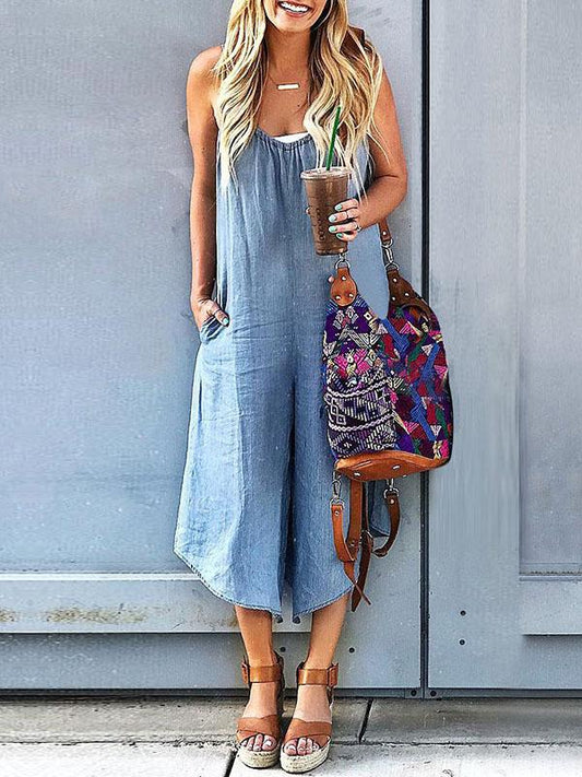 Solid Spaghetti-neck Wide Leg Jumpsuits