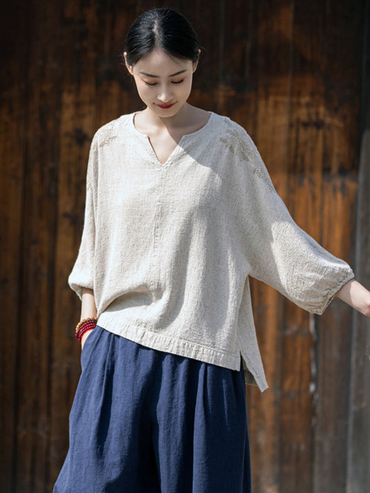 Vintage Solid Color Ramie Cotton Long Sleeves T-Shirt