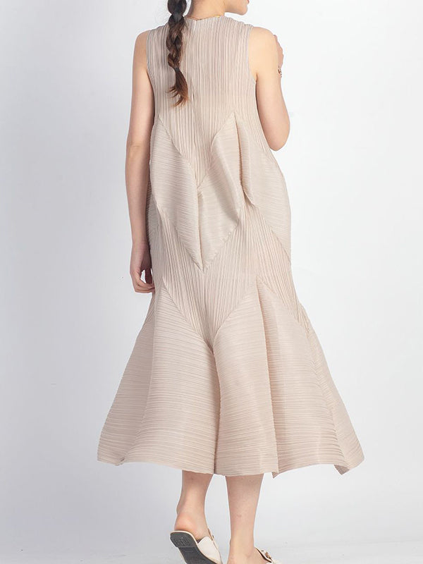 Casual Sleeveless Loose Pleated Solid Color Round-Neck Midi Dresses