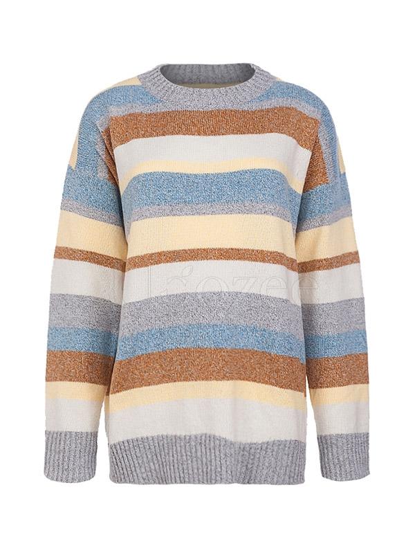 Two-tone Flocked Striped Loose Sweater