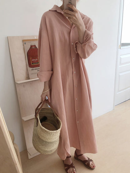 Casual Ramie Cotton Solid Color Buttoned Lapel Collar Long Sleeves Midi Shirt Dress