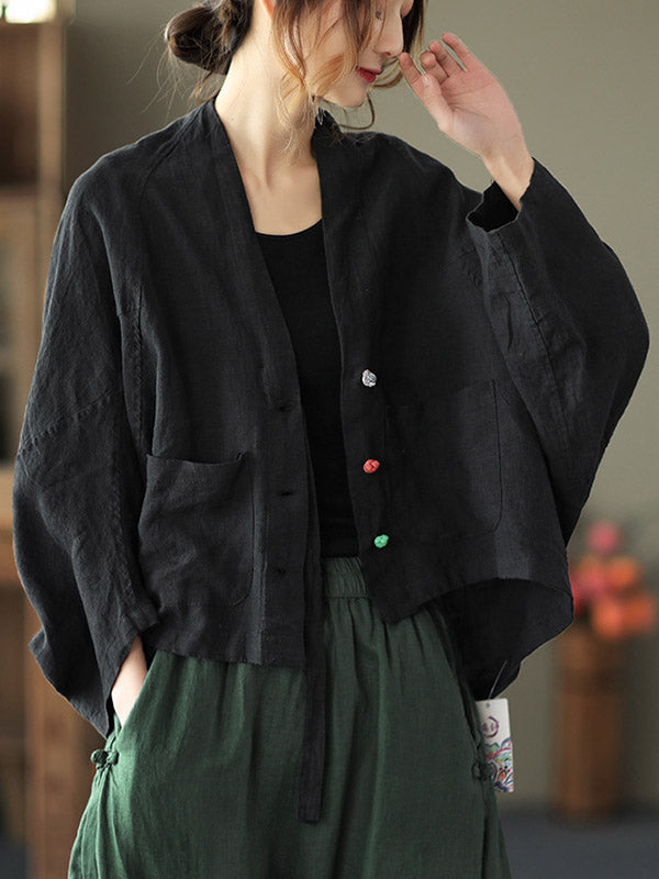 Casual V-Neck Linen Batwing Sleeves Outerwear