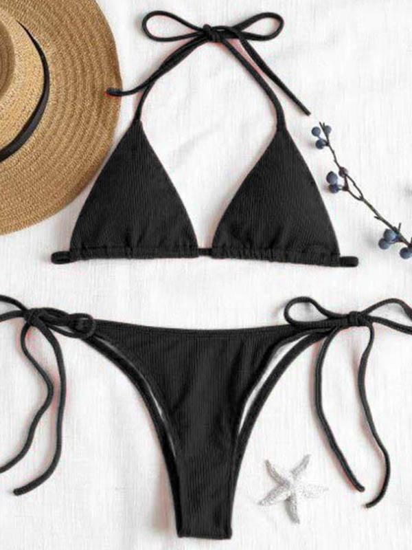 Solid Color Triangle Bandage Split Bikini Swimsuit