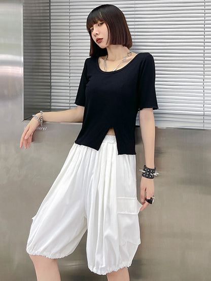 Stylish Loose Elastics High Waisted With Pocket Short Knickerbockers