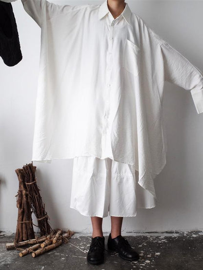 Urban Loose White Lapel Long Blouse